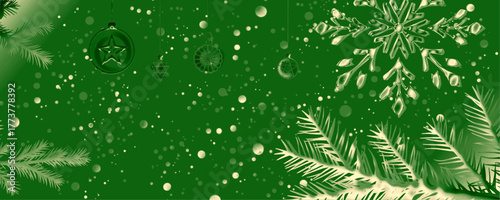 A green-toned holiday scene featuring hanging ornaments, a large snowflake, and evergreen branches, all dusted with softly blurred snow. The background is a deep green.