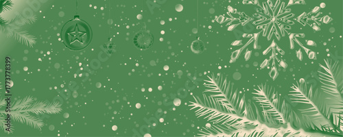 A simple, festive background featuring hanging ornaments, snowflakes, and pine branches in a gentle green hue with bokeh-like snow effect, for a tranquil holiday feel.