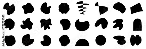 A set of unique, amorphous black shapes are organized on a transparent background. The shapes vary in form, ranging from blob-like figures to more geometric and abstract representations. Vector stock 