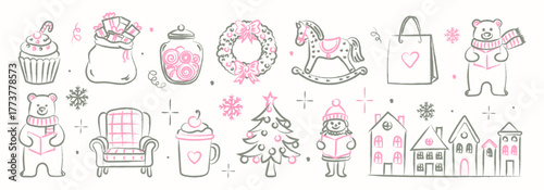 Chalk Christmas doodles set with bears, gifts, tree, wreath, rocking horse, and cozy winter elements in pink and gray. Hand drawn crayon illustration for cute festive holiday design.