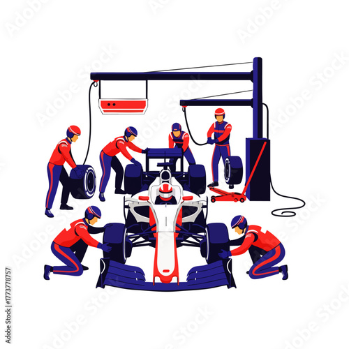 A highly skilled and synchronized pit team efficiently services a high-performance formula one racing car, executing a rapid tire change during a crucial race.