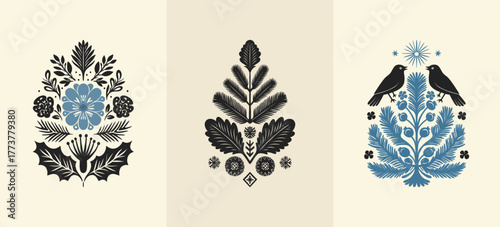 Merry Christmas and Happy New Year illustration, for greeting cards, posters, holiday covers. Xmas festive linocut black hand drawn.