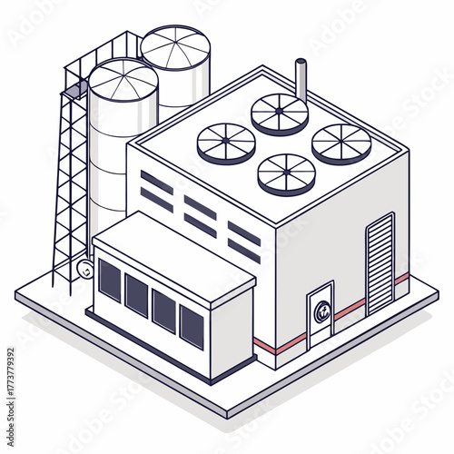 Modern industrial factory building with storage silos and cooling towers in isometric perspective illustration