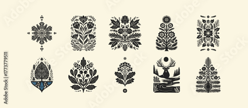 Merry Christmas and Happy New Year illustration, for greeting cards, posters, holiday covers. Xmas festive linocut black hand drawn.