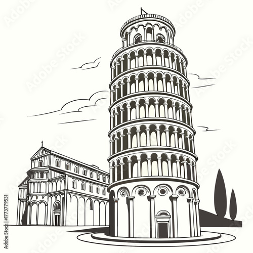 Striking line art illustration of the leaning tower of pisa and the pisa cathedral under a cloudy sky