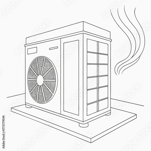 Line art illustration of an outdoor air conditioning unit with heat waves emanating from it
