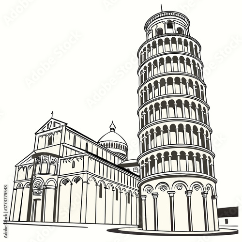 Pisa cathedral and leaning tower in italy depicted in a simple black and white line art illustration style
