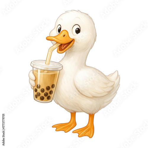 Cute duck drinking bubble tea with happy expression