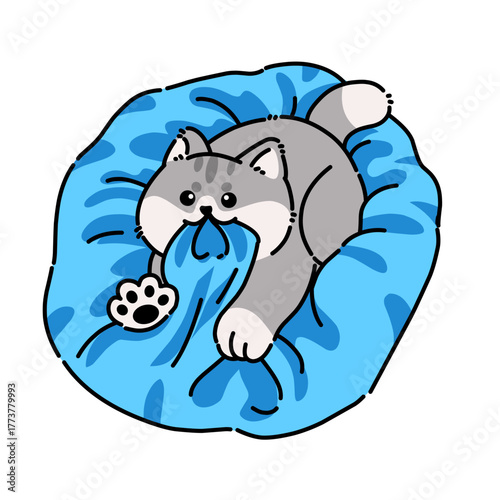 Relaxed cat lying comfortably on a blue cushion in cozy cartoon style, ideal for cute home and relaxation concepts.