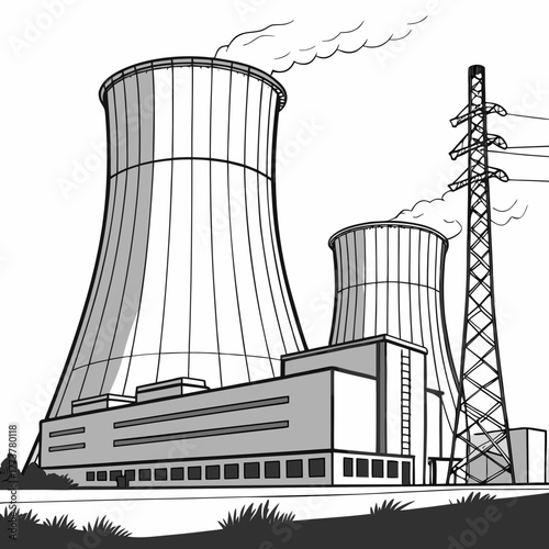 Industrial power plant with large cooling towers and electricity pylon emitting steam against a white background