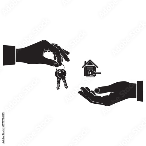 Flat Design Black Silhouette Hands Exchanging Home Keys Vector Illustration