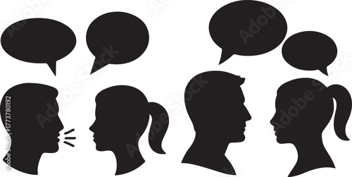 Silhouettes of people in conversation with speech bubbles
