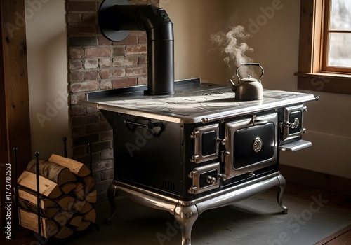 Traditional Black Wood Burning Cookstove with Steaming Kettle and Stacked Firewood