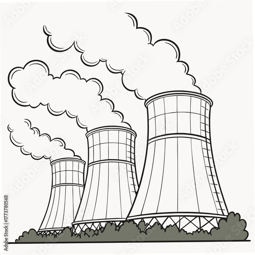 Three large industrial cooling towers emitting plumes of steam against a white background in a simple line drawing style