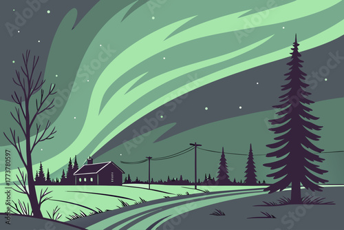 Minimal vector of Fairbanks aurora night scene minimal art
