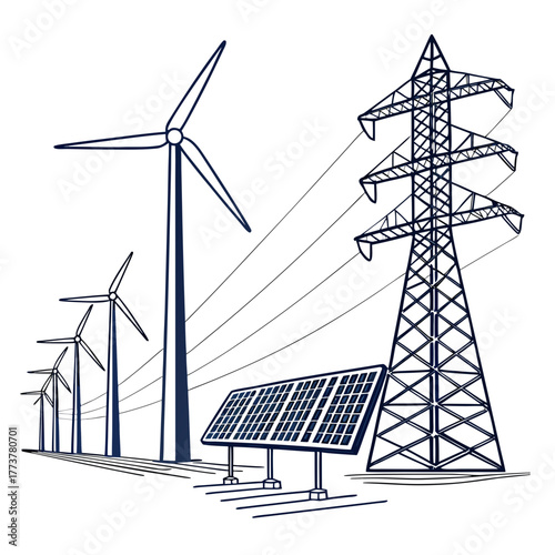 Renewable energy sources including wind turbines solar panels and electrical power transmission tower illustration
