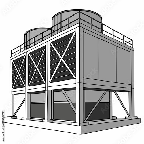 Industrial cooling tower with two cylindrical fans on top and a white frame structure