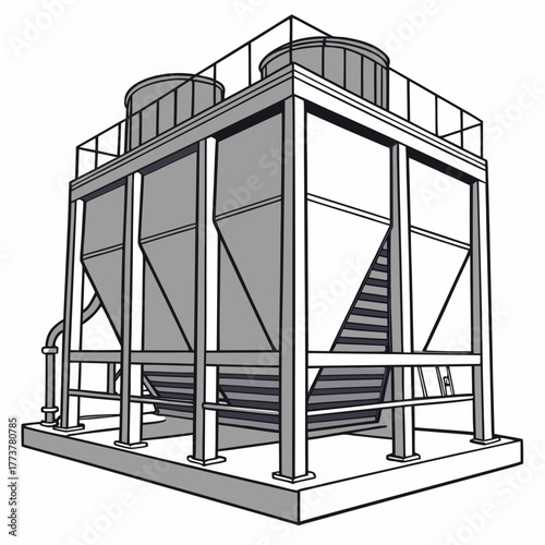 Industrial cooling tower with multiple cylindrical components and a sturdy metal frame structure on a white background