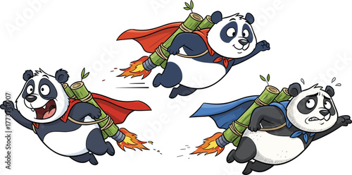Funny cartoon pandas flying with bamboo rocket jetpacks and superhero capes, cute panda superhero adventure illustration for kids design