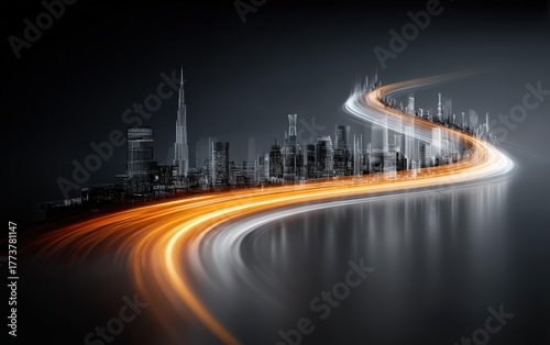 Composite Digital Artwork of Cityscape with Light Trails Illustrating Economic Strength and Growth in an Urban Environment