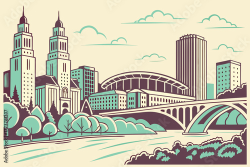 Flat design of Minneapolis skyline and lakes modern pastel
