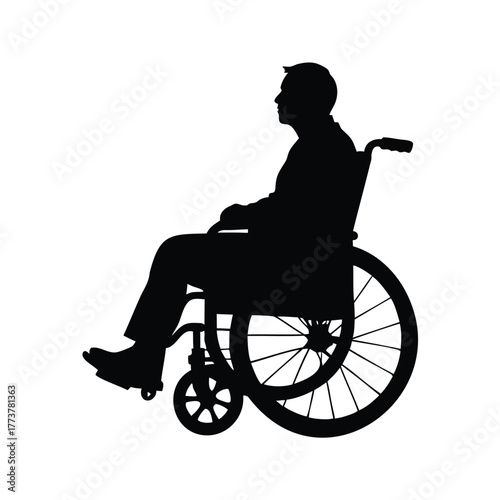 Silhouette of a Man Sitting in a Wheelchair Against White Background, person in wheelchair silhouette vector illustration