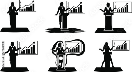 PrintBusinesswoman giving presentation, public speaking success, leadership growth strategy, financial report analysis, professional presentation, 