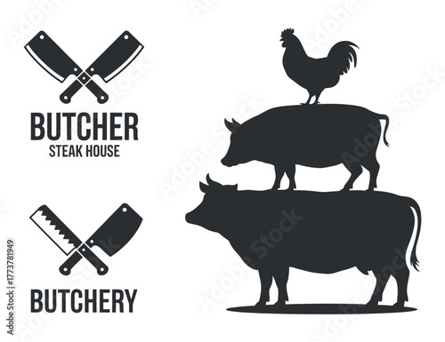 Butcher Steakhouse Vector: Crossed Cleavers, Farm Animals Stacked