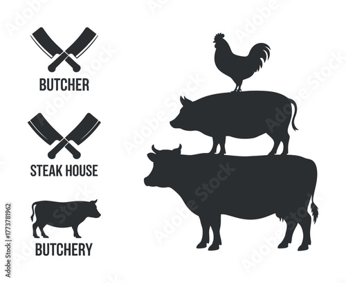 Butcher Shop Animals and Cleavers Vector Meat Industry