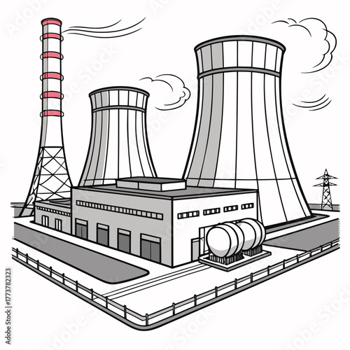 Industrial power plant with cooling towers and smokestack emitting steam against a white background
