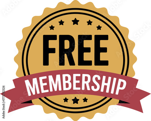 A golden badge with the words "FREE MEMBERSHIP" written on a red ribbon.