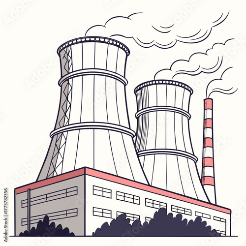 Stylized illustration of a power plant with cooling towers emitting steam and a smokestack against a light background