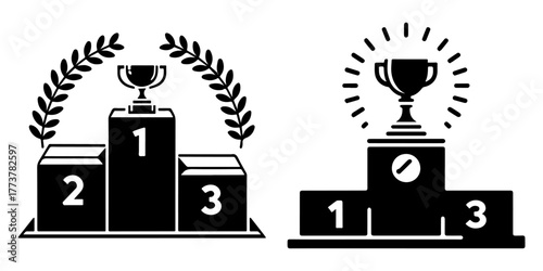 Podium with Trophy and Laurel Wreath First Second Third Place.