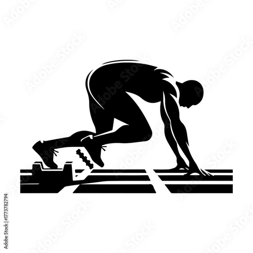 Athlete poised at the starting line ready to sprint and compete in the race.