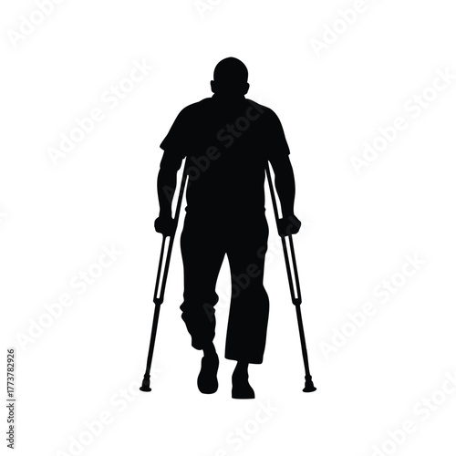 Silhouette of a man walking with crutches, symbolizing disability and support, person using crutches silhouette vector illustration
