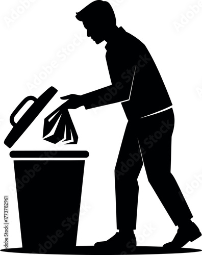 A person's silhouette disposes of a trash bag into a bin.