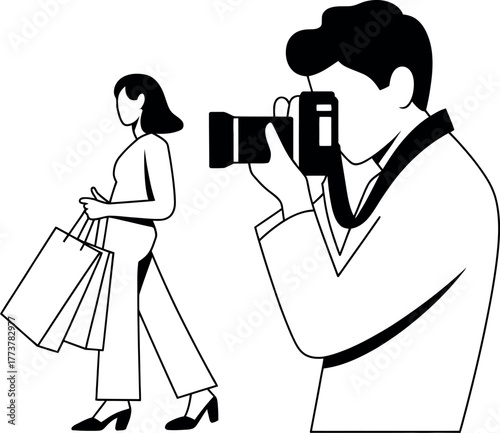 A person photographs a shopper carrying shopping bags on a street.