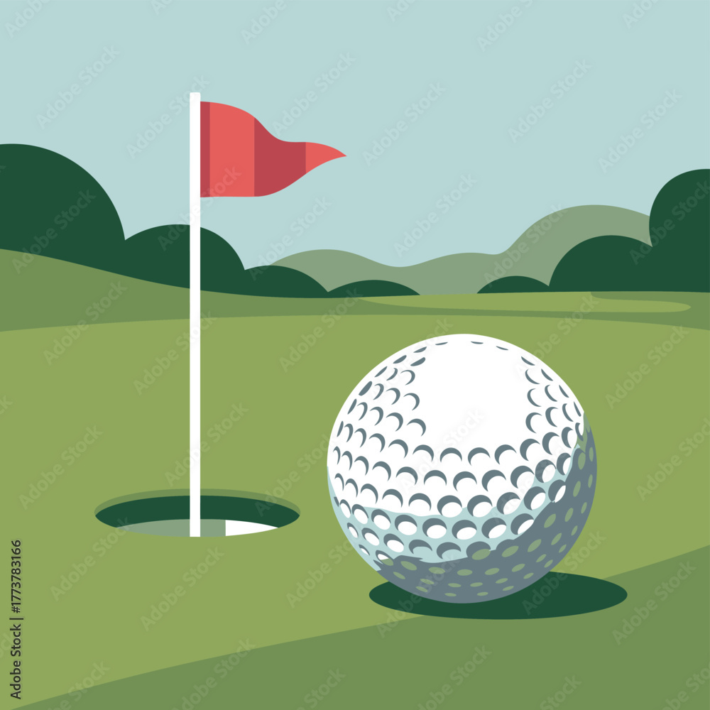 Obraz premium A golf ball rests on a green next to the hole and a red flag.