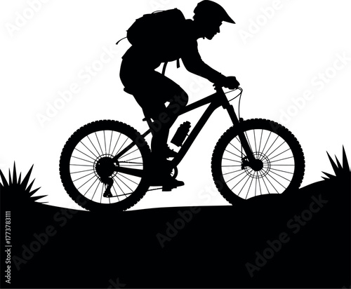 Silhouette of a mountain biker riding on a grassy trail.