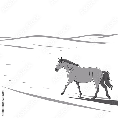 A solitary grey horse walks across a minimalist landscape with rolling hills and subtle shadows