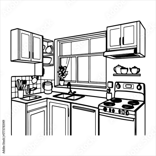 Clean Flat Design Kitchen Room Illustration Vector Scene, An Aesthetic Interior Representing Minimalist Home Décor and Culinary Cooking in a Scandinavian Digital Style.