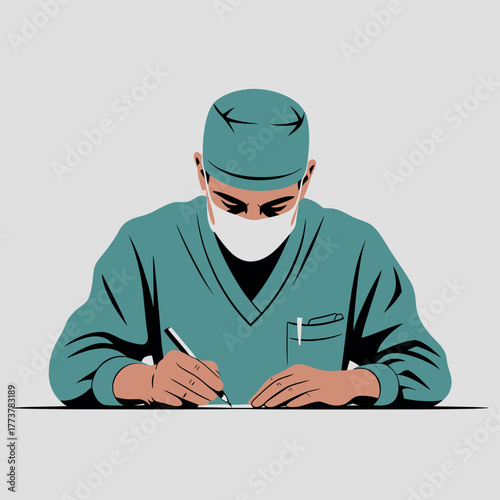 A surgeon in scrubs and mask carefully writes on a document with a pen.