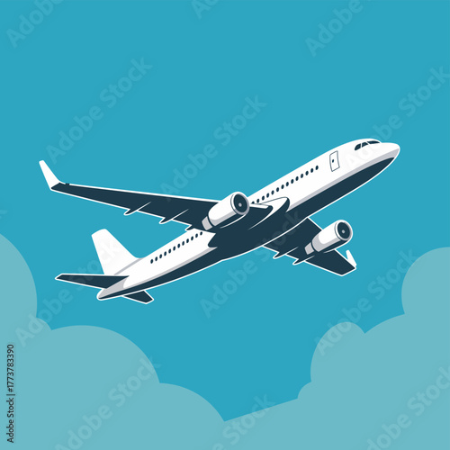 A white airplane climbs into the blue sky surrounded by clouds.