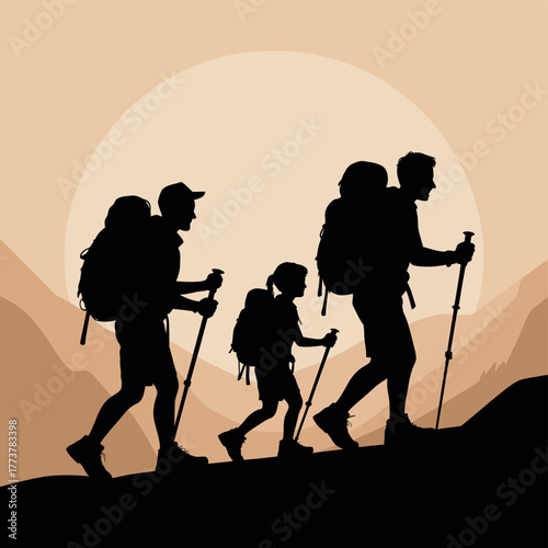 A family silhouette hikes up a mountain trail during sunset.