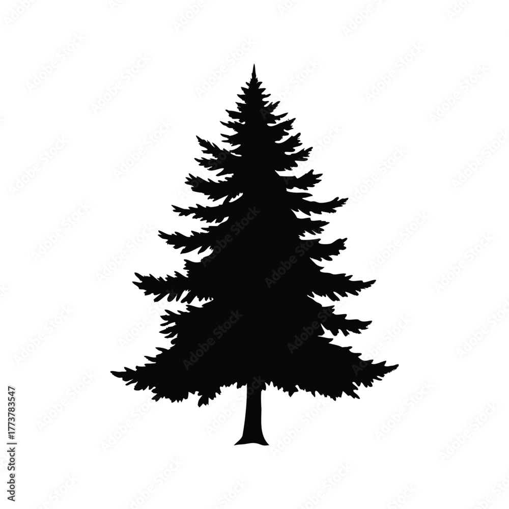 Obraz premium Black silhouette of a generic pine tree on a white background, pine tree in forest landscape silhouette vector illustration