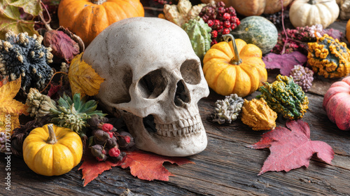 Autumn Still Life: A striking skull rests amidst a vibrant arrangement of pumpkins, gourds, and autumn foliage, creating a captivating and seasonally themed composition.