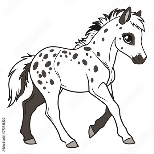 Cute cartoon spotted horse foal with dark mane and tail walking gracefully in a playful manner