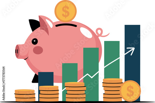 A piggy bank, coins, and a rising financial chart signify savings growth.