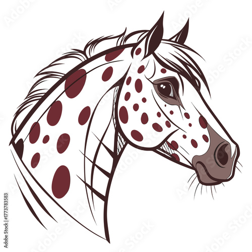 Stylized illustration of a spotted horse head in profile with a flowing mane and dark brown markings