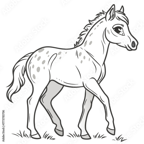 Adorable cartoon spotted horse foal walking in green grass with a playful expression and detailed outline